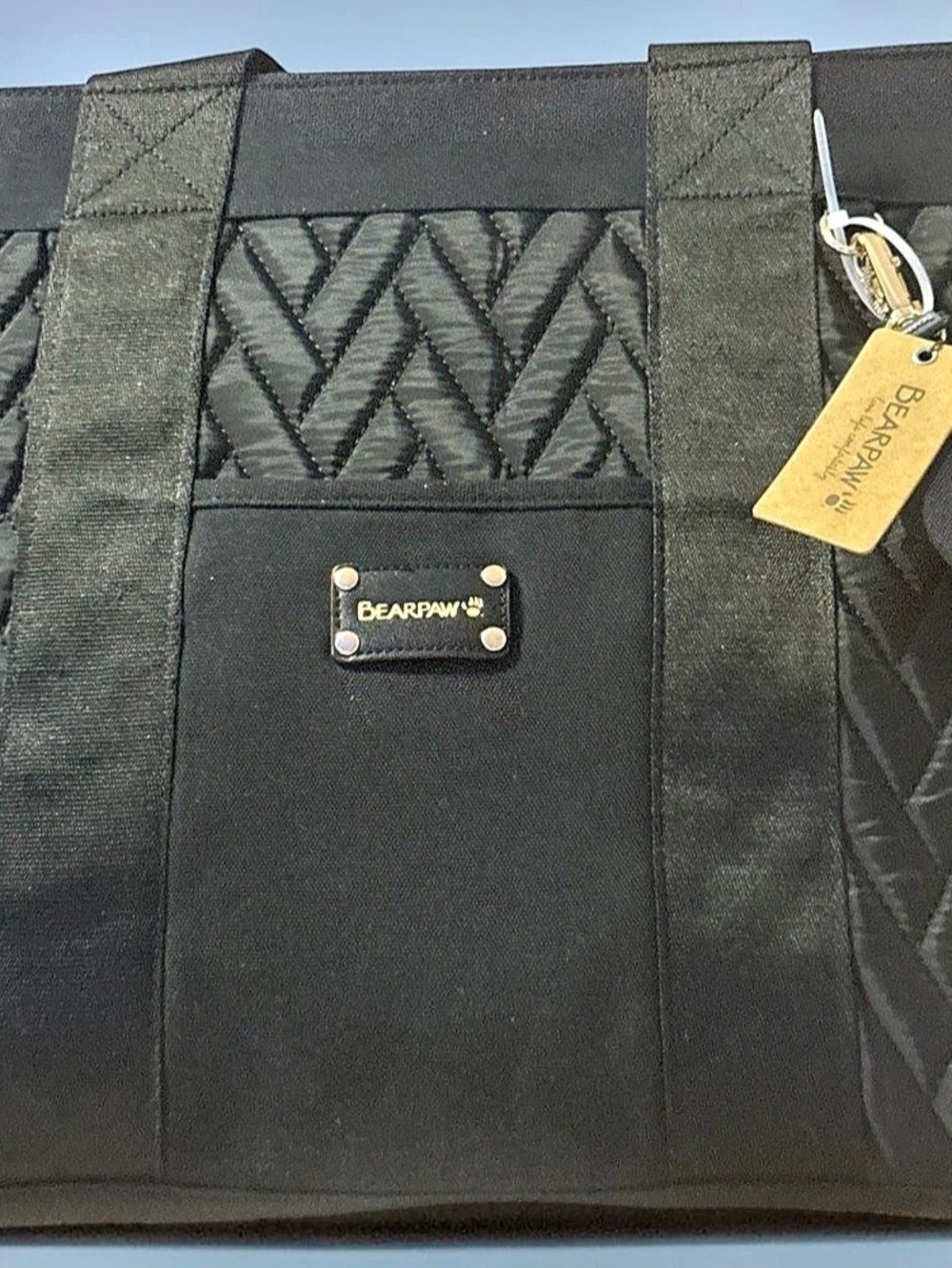 Bearpaw Quilted Tote Bag Black Quilted Tote with bag charm